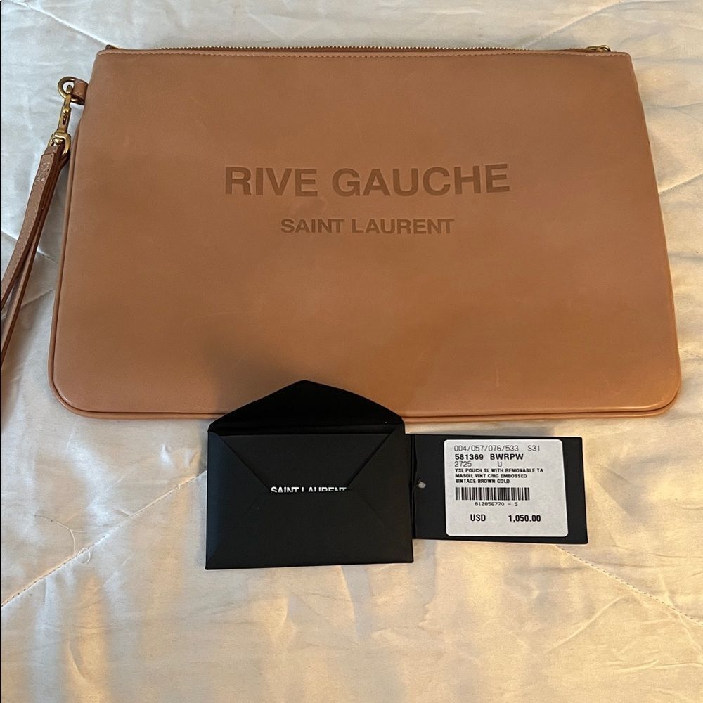 YSL Saint Laurent Rive Gauche Leather Wristlet Pouch - Camel - Picture 11 of 16